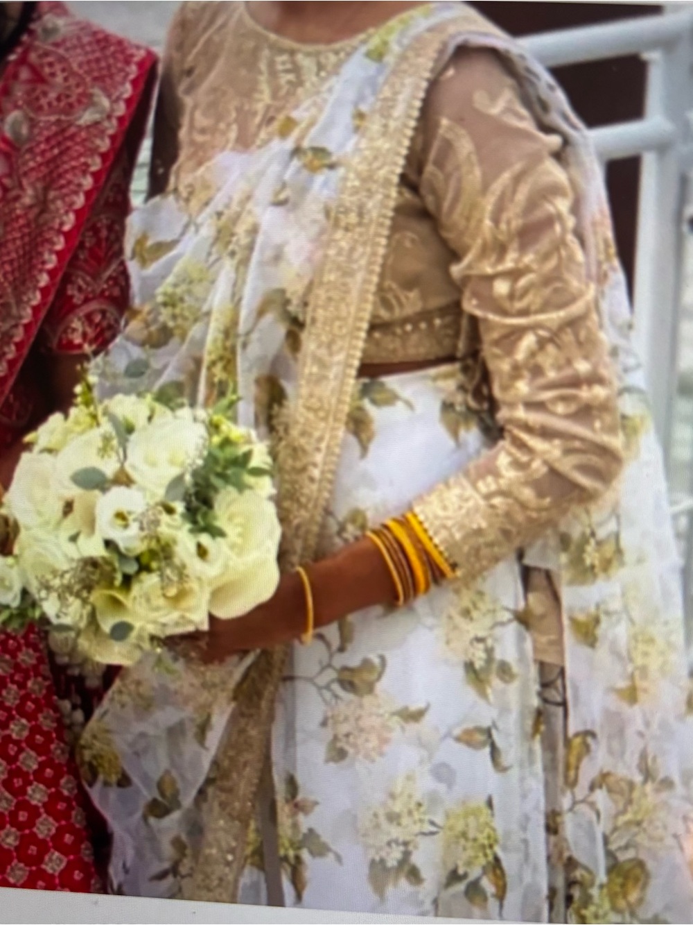 Designer White and Gold Floral Women wedding Lehenga large size organza